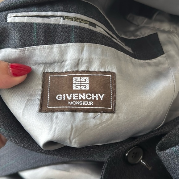 Vintage Givenchy Monsieur 100% Wool Navy Blue with thin green pin stripes Blazer - Picture 5 of 8
